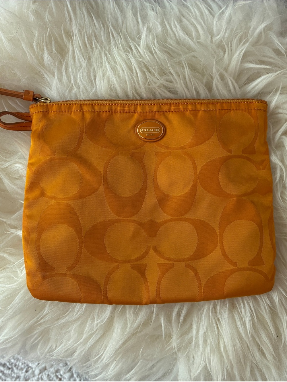 Coach Yellow/Orange Zip Pouch with Gold Logo Medallion